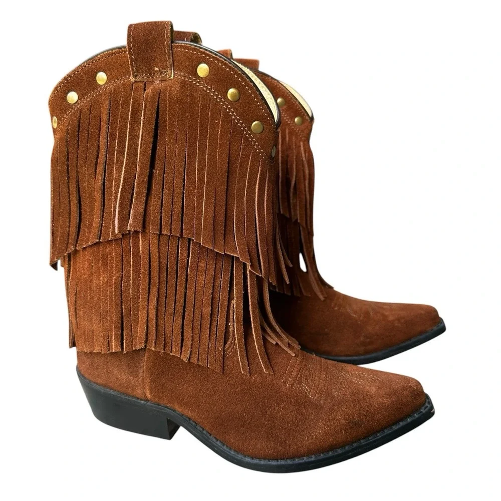 Shyanne Cowboy Boots Girl's Size 2D Double-Fringe Snip Toe Brown Suede Leather